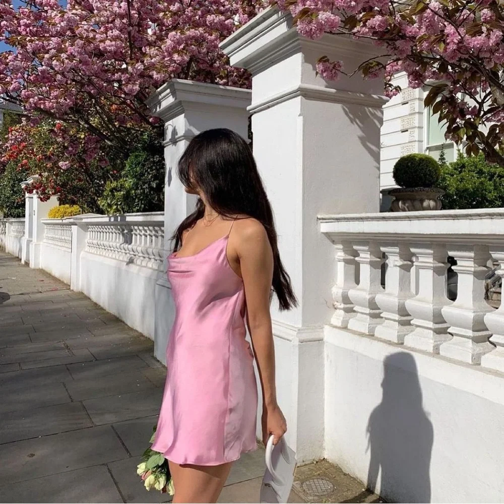 Zara (NEW W/ TINY FLAW) Pink Satin Open Back Mini Dress